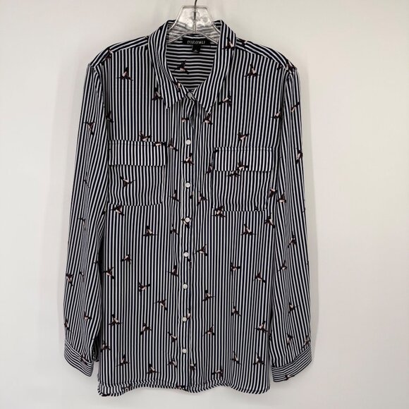 Roz & Ali Womens Button-Up Striped Blouse humming bird Print blue size XL - Picture 7 of 14